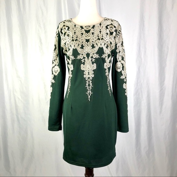 Gianni Bini emerald green bodycon long sleeve dress metallic embroidery S - Picture 10 of 10